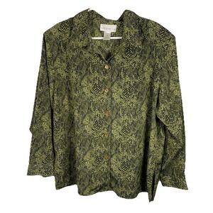 Susan Graver Snake Print Button Down Shirt Blouse Top 1X Olive Green‎ Split Hem
